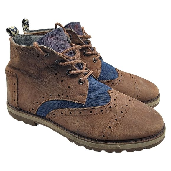 Toms Brogue Boots Mens 9 Vibram Soles Chestnut Brown Leather Navy Herringbone main image 11